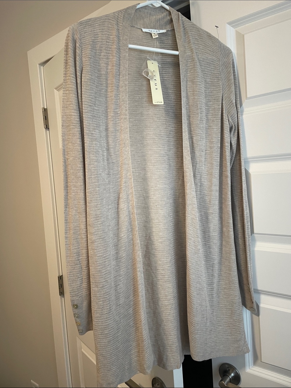 Cyrus Open-Front Long Cardigan in Beige